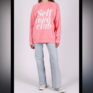 Brunette The Label x benefit cosmetics collab pink sweatshirt casual cozy fall